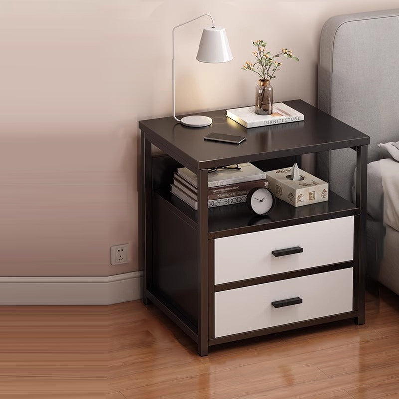 Modern Minimalist Square Rectangular MDF Steel Nightstand 2-Drawer For Bedroom