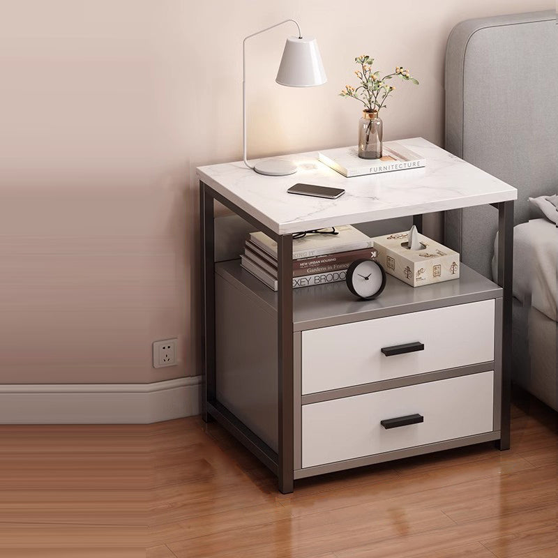 Modern Minimalist Square Rectangular MDF Steel Nightstand 2-Drawer For Bedroom