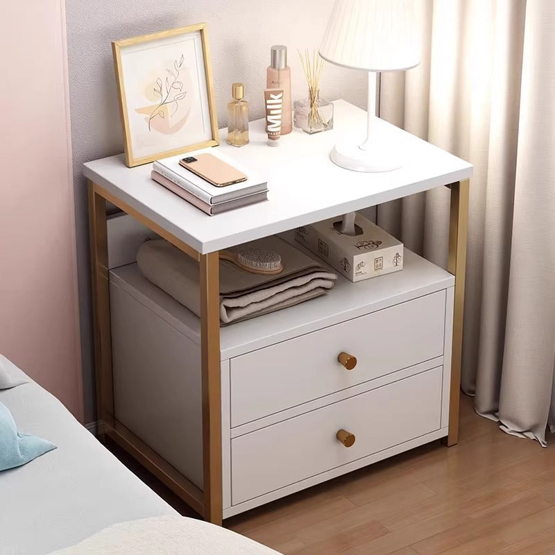 Modern Minimalist Square Rectangular MDF Steel Nightstand 2-Drawer For Bedroom