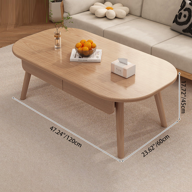 Modern Minimalist Rounded Rectangle Eco-Friendly Wood Panel Solid Wood Coffee Table 2-Drawer For Living Room