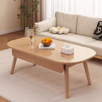 Modern Minimalist Rounded Rectangle Eco-Friendly Wood Panel Solid Wood Coffee Table 2-Drawer For Living Room