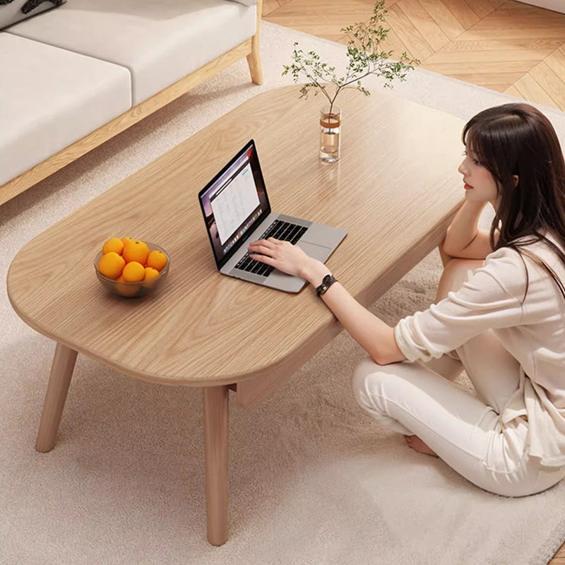 Modern Minimalist Rounded Rectangle Eco-Friendly Wood Panel Solid Wood Coffee Table 2-Drawer For Living Room