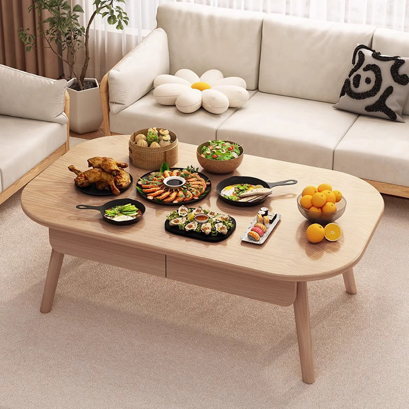Modern Minimalist Rounded Rectangle Eco-Friendly Wood Panel Solid Wood Coffee Table 2-Drawer For Living Room