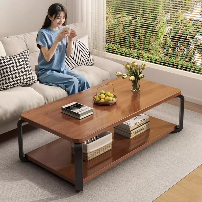Modern Minimalist Rectangular MDF Steel Coffee Table 2-Tier For Living Room