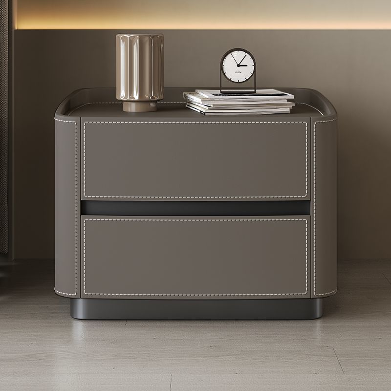 Modern Minimalist Square Rectangular Saddle Leather Solid Wood Solid Wood Plywood Nightstand 2-Drawer For Bedroom