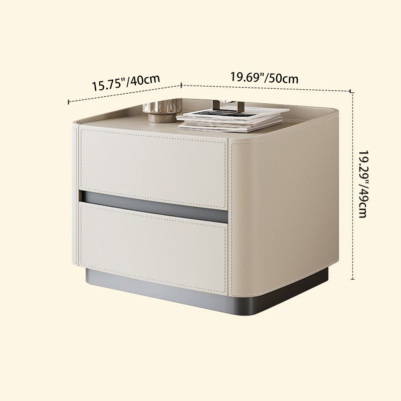 Modern Minimalist Square Rectangular Saddle Leather Solid Wood Solid Wood Plywood Nightstand 2-Drawer For Bedroom