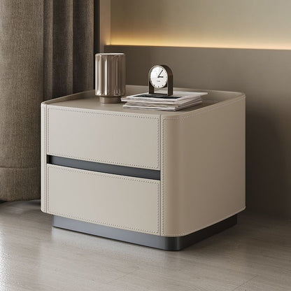 Modern Minimalist Square Rectangular Saddle Leather Solid Wood Solid Wood Plywood Nightstand 2-Drawer For Bedroom