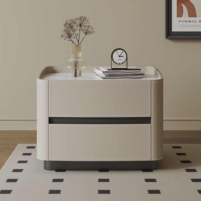 Modern Minimalist Square Rectangular Saddle Leather Solid Wood Solid Wood Plywood Nightstand 2-Drawer For Bedroom
