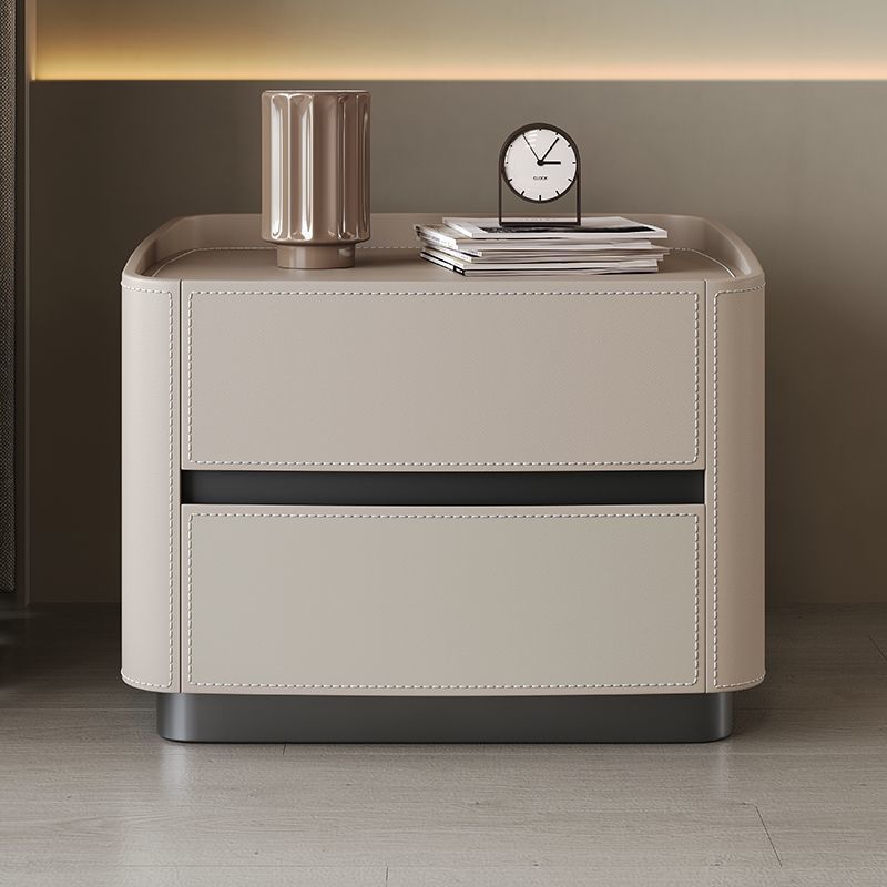 Modern Minimalist Square Rectangular Saddle Leather Solid Wood Solid Wood Plywood Nightstand 2-Drawer For Bedroom