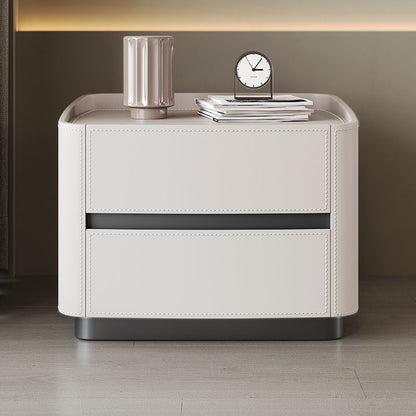 Modern Minimalist Square Rectangular Saddle Leather Solid Wood Solid Wood Plywood Nightstand 2-Drawer For Bedroom