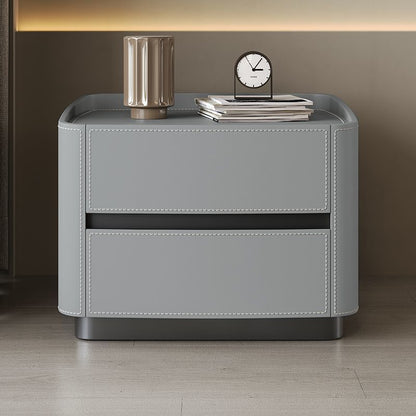 Modern Minimalist Square Rectangular Saddle Leather Solid Wood Solid Wood Plywood Nightstand 2-Drawer For Bedroom