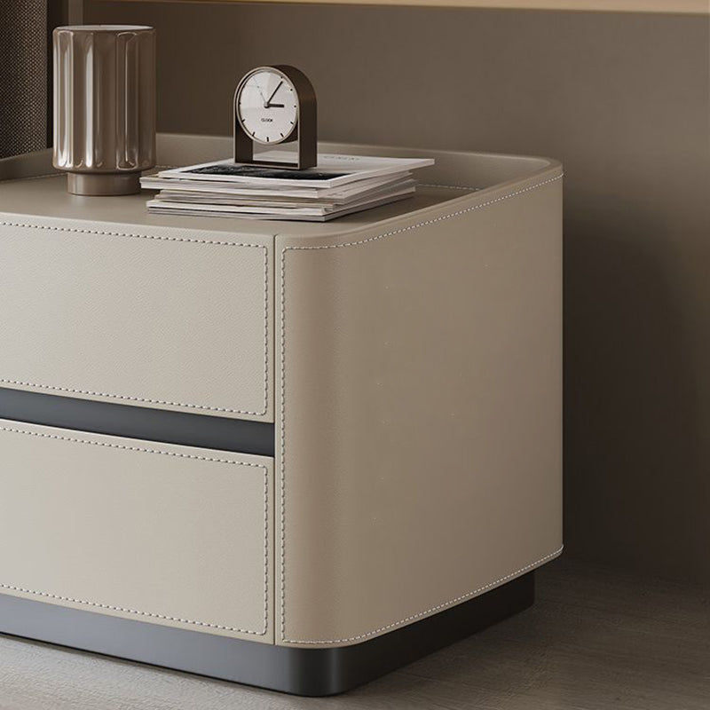 Modern Minimalist Square Rectangular Saddle Leather Solid Wood Solid Wood Plywood Nightstand 2-Drawer For Bedroom