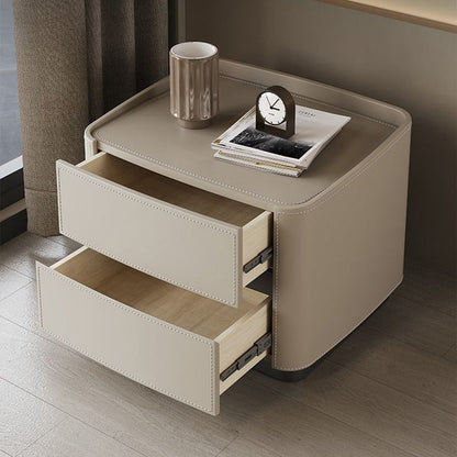 Modern Minimalist Square Rectangular Saddle Leather Solid Wood Solid Wood Plywood Nightstand 2-Drawer For Bedroom