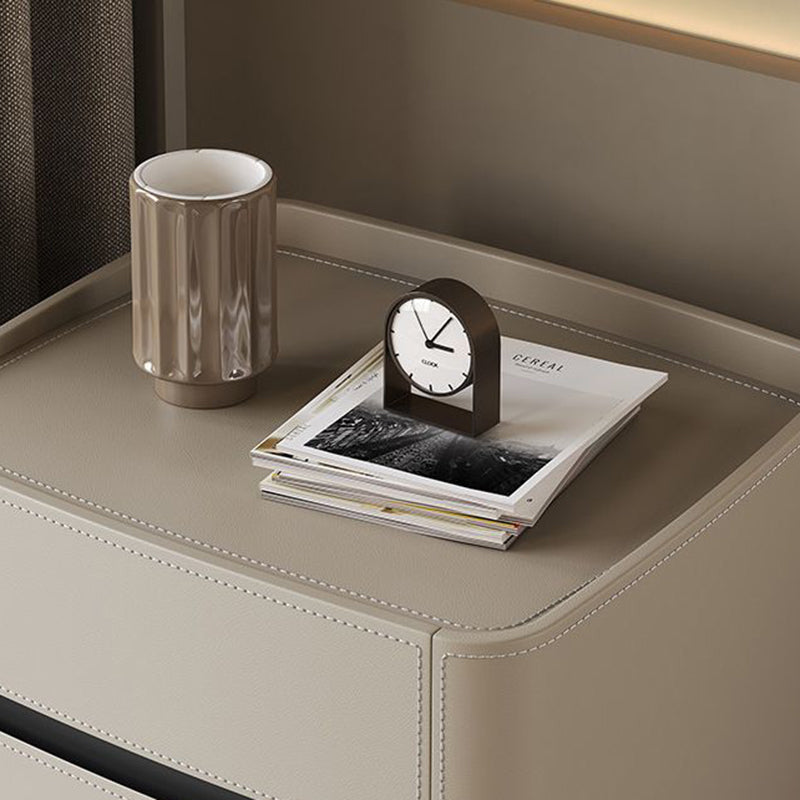 Modern Minimalist Square Rectangular Saddle Leather Solid Wood Solid Wood Plywood Nightstand 2-Drawer For Bedroom