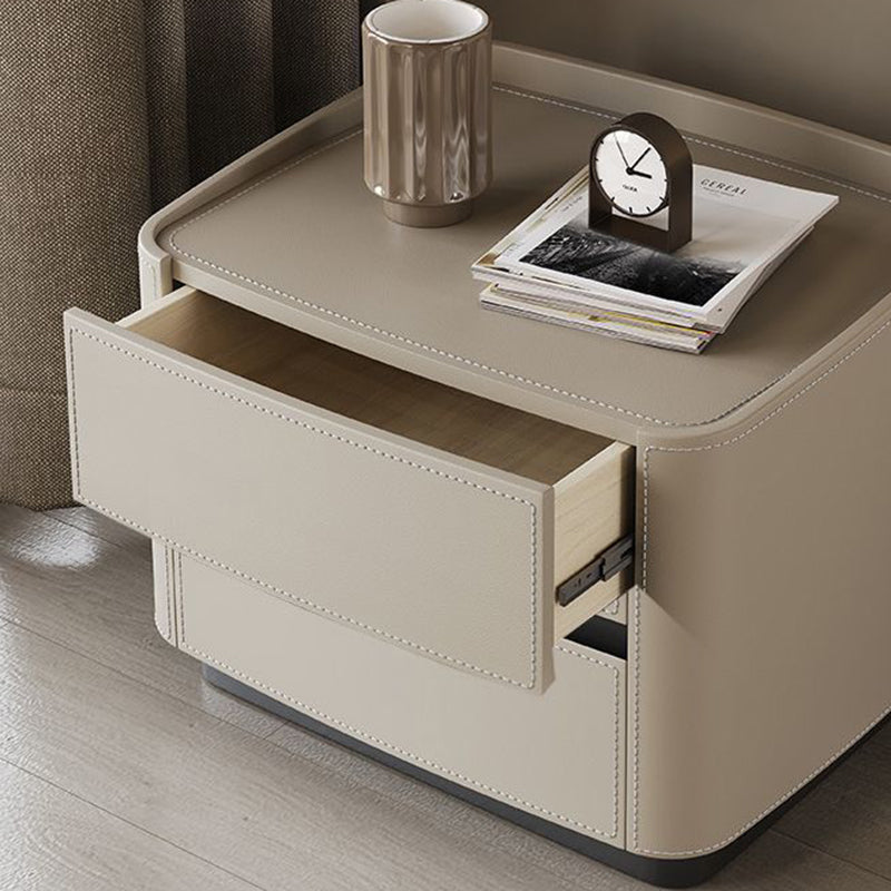 Modern Minimalist Square Rectangular Saddle Leather Solid Wood Solid Wood Plywood Nightstand 2-Drawer For Bedroom