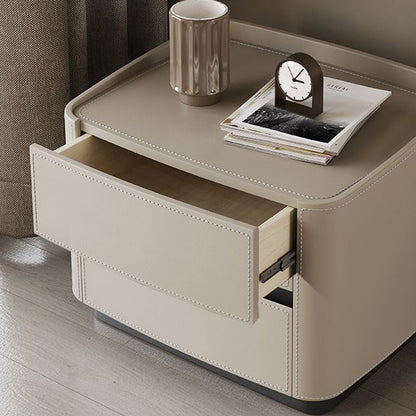 Modern Minimalist Square Rectangular Saddle Leather Solid Wood Solid Wood Plywood Nightstand 2-Drawer For Bedroom
