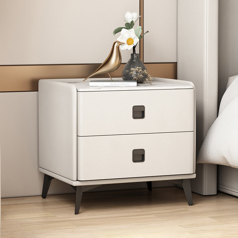 Modern Minimalist Square Rectangular MDF Iron Pine Wood Solid Wood Plywood Cat Scratch Leather Sintered Stone Nightstand 2-Drawer For Bedroom