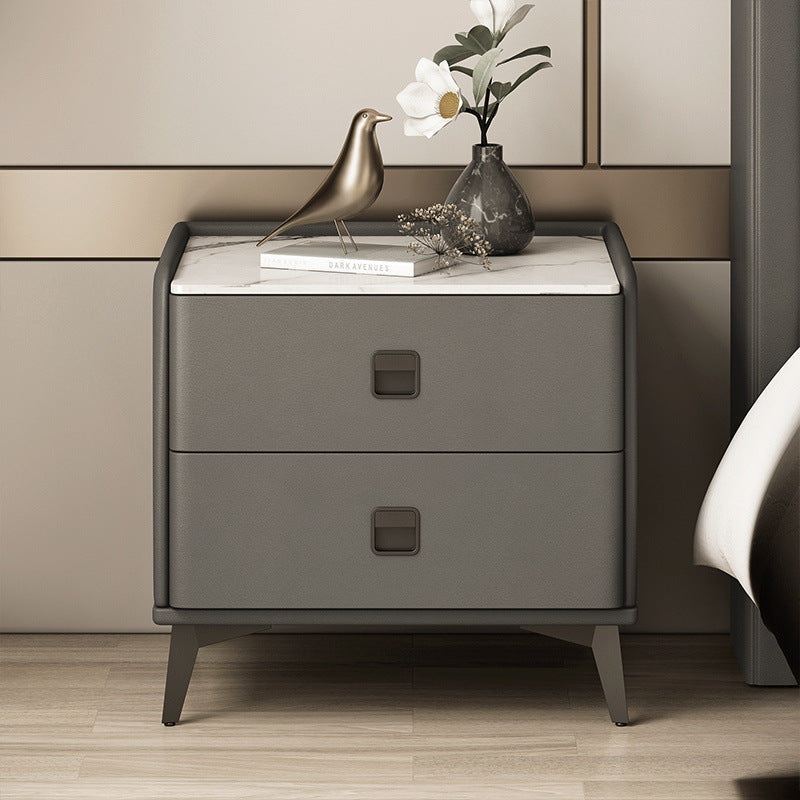 Modern Minimalist Square Rectangular MDF Iron Pine Wood Solid Wood Plywood Cat Scratch Leather Sintered Stone Nightstand 2-Drawer For Bedroom