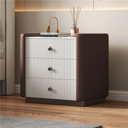 Contemporary Nordic Square Rectangular Stone Slab Faux Nappa Leather Particle Board Pine Wood Nightstand 3-Drawer For Bedroom