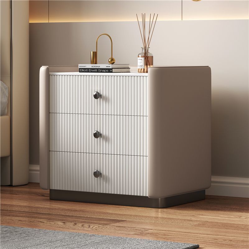 Contemporary Nordic Square Rectangular Stone Slab Faux Nappa Leather Particle Board Pine Wood Nightstand 3-Drawer For Bedroom