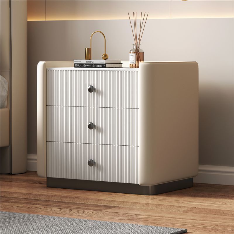 Contemporary Nordic Square Rectangular Stone Slab Faux Nappa Leather Particle Board Pine Wood Nightstand 3-Drawer For Bedroom