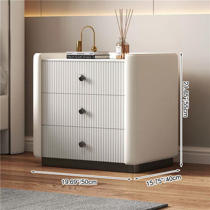 Contemporary Nordic Square Rectangular Stone Slab Faux Nappa Leather Particle Board Pine Wood Nightstand 3-Drawer For Bedroom
