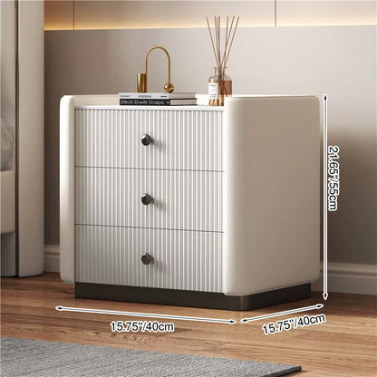 Contemporary Nordic Square Rectangular Stone Slab Faux Nappa Leather Particle Board Pine Wood Nightstand 3-Drawer For Bedroom