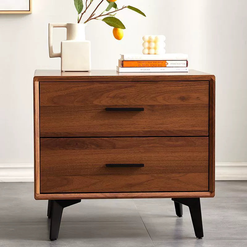 Contemporary Nordic Square Rectangular MDF Solid Wood Iron Nightstand 2-Drawer For Bedroom