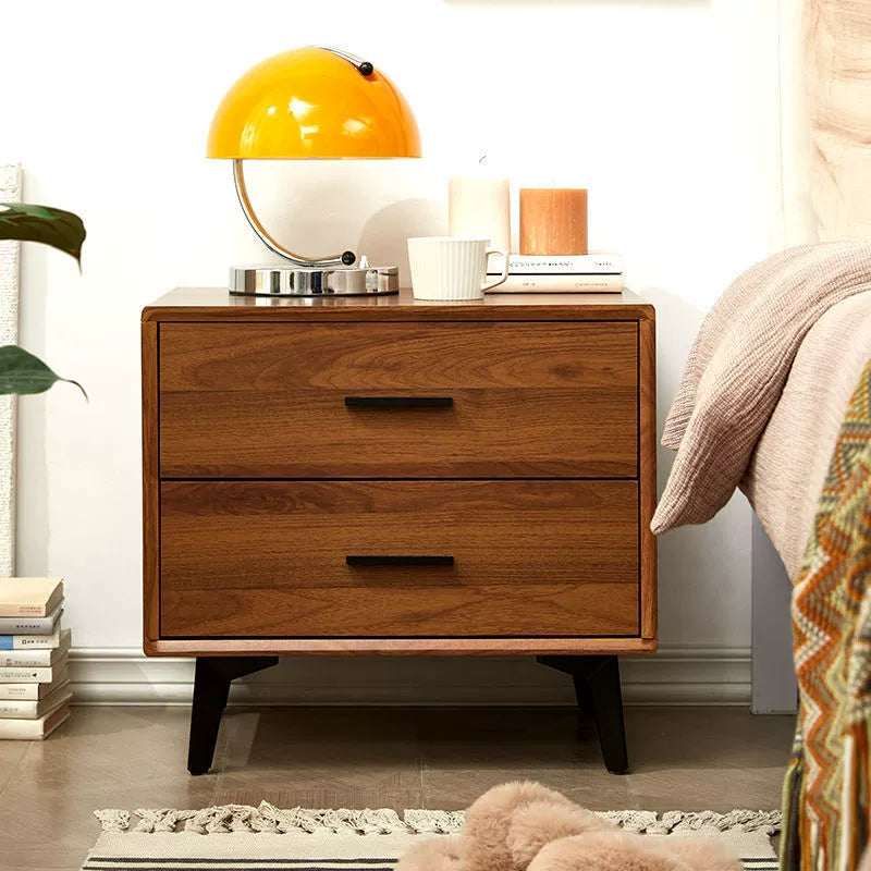 Contemporary Nordic Square Rectangular MDF Solid Wood Iron Nightstand 2-Drawer For Bedroom