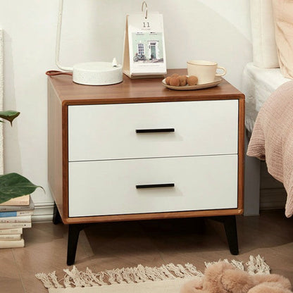 Contemporary Nordic Square Rectangular MDF Solid Wood Iron Nightstand 2-Drawer For Bedroom