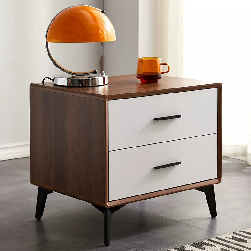 Contemporary Nordic Square Rectangular MDF Solid Wood Iron Nightstand 2-Drawer For Bedroom