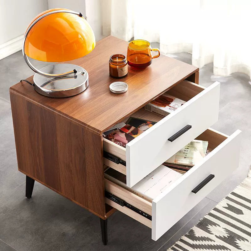 Contemporary Nordic Square Rectangular MDF Solid Wood Iron Nightstand 2-Drawer For Bedroom