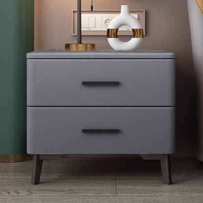 Modern Minimalist Square Rectangular Cat Scratch Leather Pine Wood Carbon Steel Nightstand 2-Drawer For Bedroom