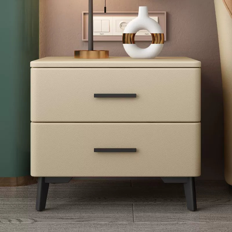Modern Minimalist Square Rectangular Cat Scratch Leather Pine Wood Carbon Steel Nightstand 2-Drawer For Bedroom