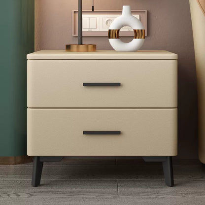 Modern Minimalist Square Rectangular Cat Scratch Leather Pine Wood Carbon Steel Nightstand 2-Drawer For Bedroom