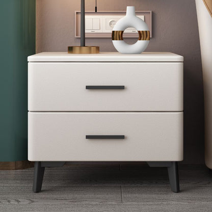 Modern Minimalist Square Rectangular Cat Scratch Leather Pine Wood Carbon Steel Nightstand 2-Drawer For Bedroom
