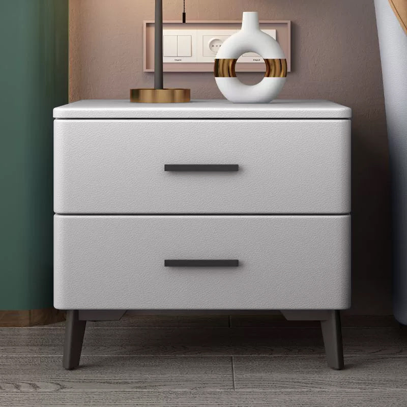 Modern Minimalist Square Rectangular Cat Scratch Leather Pine Wood Carbon Steel Nightstand 2-Drawer For Bedroom