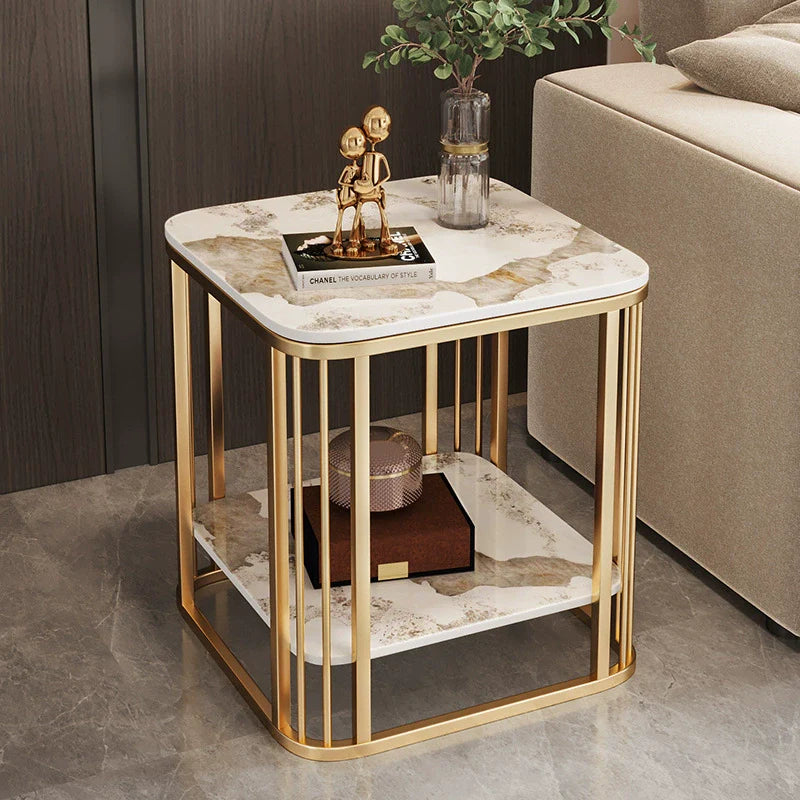 Contemporary Luxury Square Stone Slab Carbon Steel End Table 2-Tier For Living Room