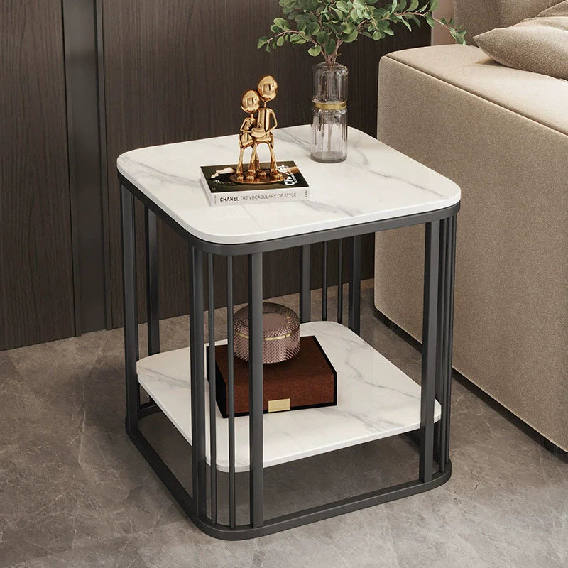 Contemporary Luxury Square Stone Slab Carbon Steel End Table 2-Tier For Living Room