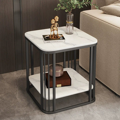 Contemporary Luxury Square Stone Slab Carbon Steel End Table 2-Tier For Living Room