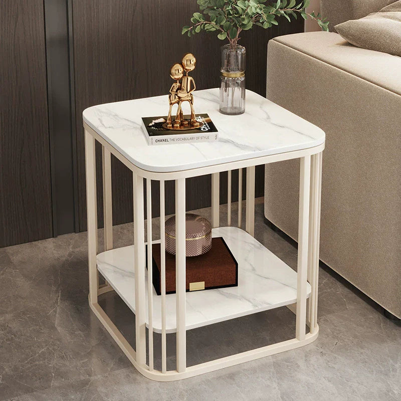 Contemporary Luxury Square Stone Slab Carbon Steel End Table 2-Tier For Living Room