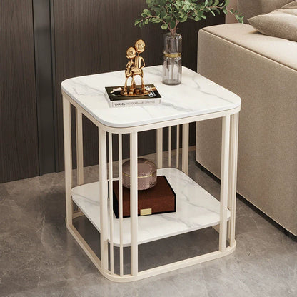 Contemporary Luxury Square Stone Slab Carbon Steel End Table 2-Tier For Living Room