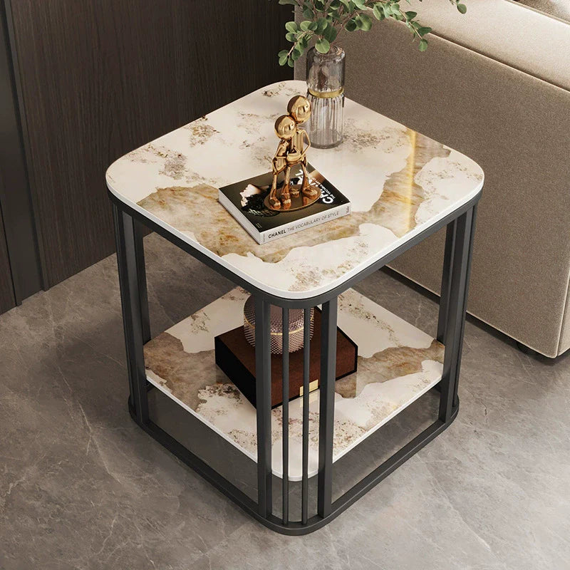 Contemporary Luxury Square Stone Slab Carbon Steel End Table 2-Tier For Living Room