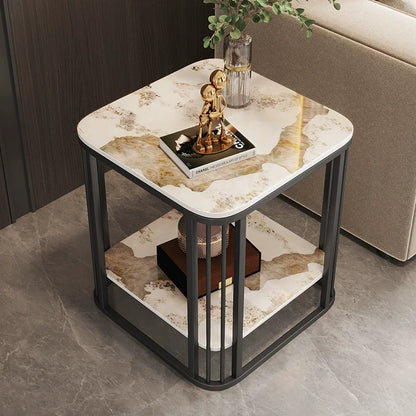 Contemporary Luxury Square Stone Slab Carbon Steel End Table 2-Tier For Living Room