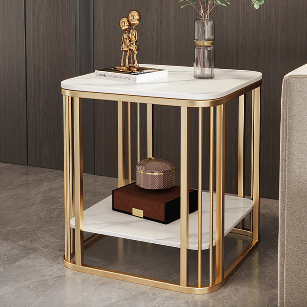 Contemporary Luxury Square Stone Slab Carbon Steel End Table 2-Tier For Living Room