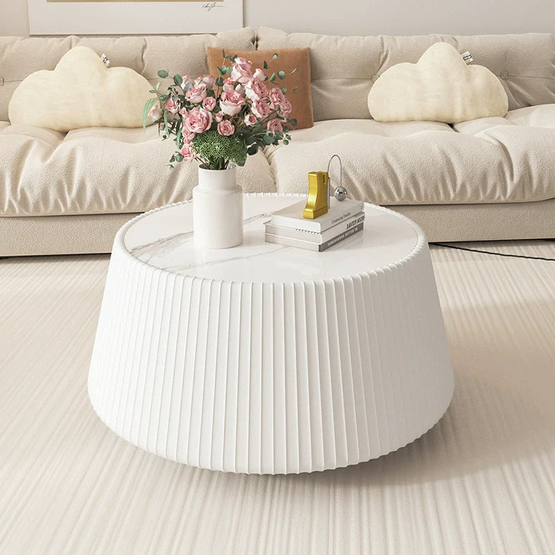 Modern Minimalist Round Stone Slab PU Leather Solid Wood Coffee Table For Living Room