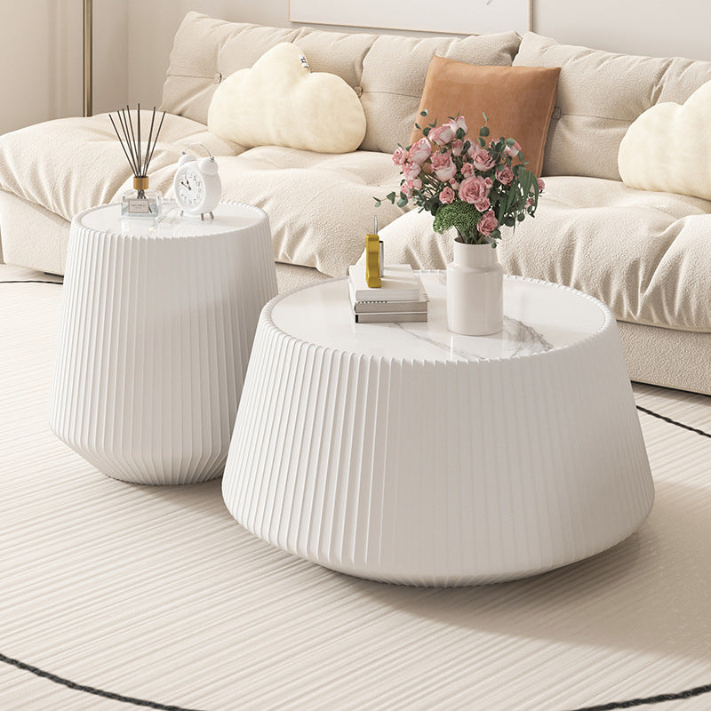 Modern Minimalist Round Stone Slab PU Leather Solid Wood Coffee Table For Living Room