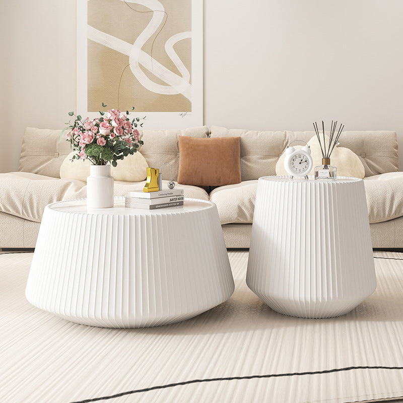Modern Minimalist Round Stone Slab PU Leather Solid Wood Coffee Table For Living Room