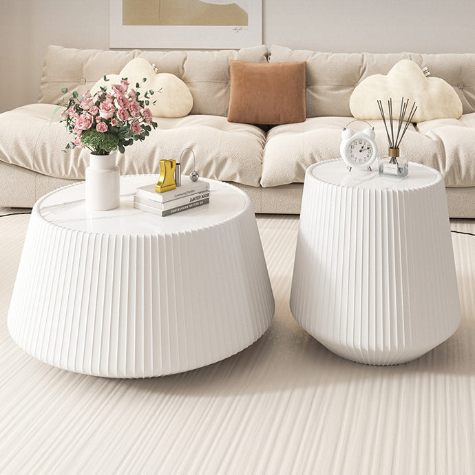 Modern Minimalist Round Stone Slab PU Leather Solid Wood Coffee Table For Living Room