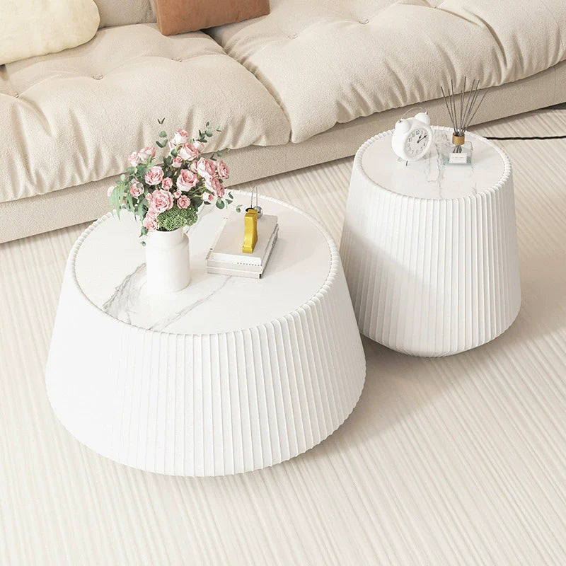 Modern Minimalist Round Stone Slab PU Leather Solid Wood Coffee Table For Living Room